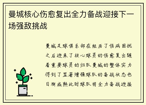 曼城核心伤愈复出全力备战迎接下一场强敌挑战